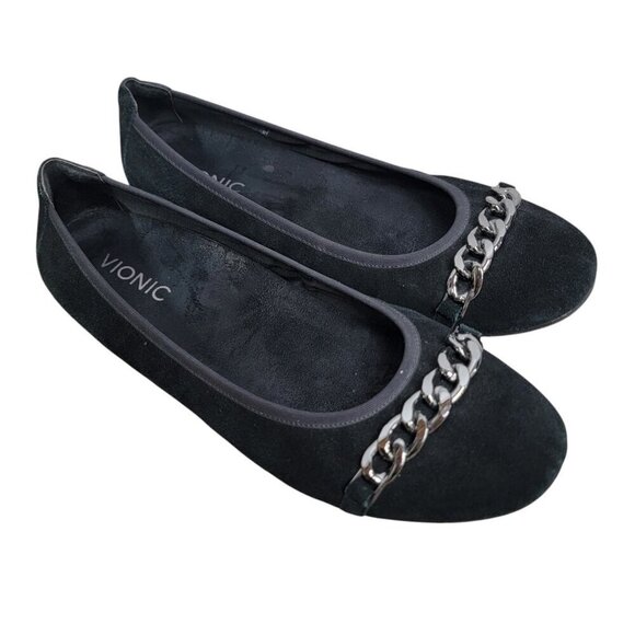 Vionic Women's Black Suede Pera Ballet Flats Size 9 Chain Detail Workwear Career - Picture 1 of 7